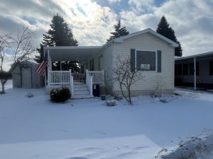 A single-story house with a covered porch is surrounded by snow. An American flag hangs by the entrance, and leafless trees are in the yard under a cloudy sky.