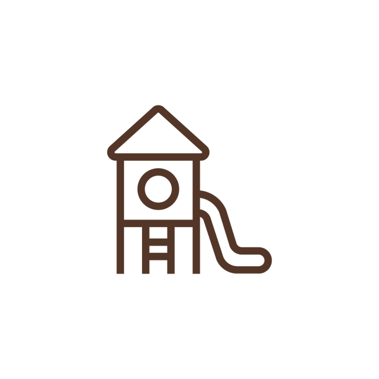 Simple brown line drawing of a playground structure with a ladder, a slide, and a roof, on a plain white background.