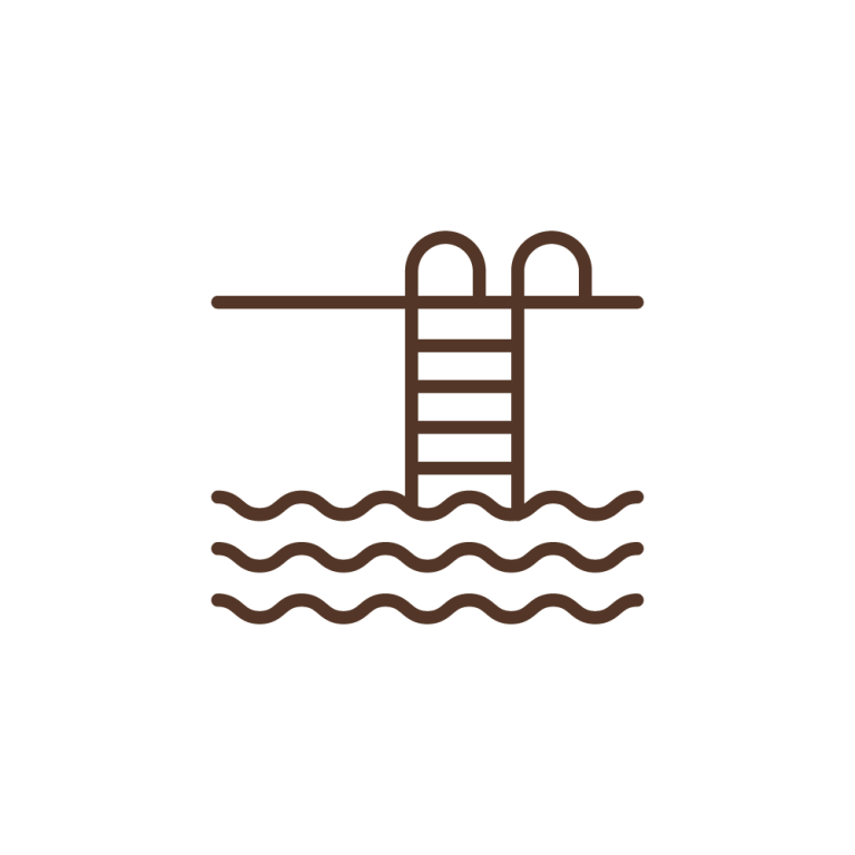 Simple line drawing of a swimming pool with a ladder and wavy lines representing water.