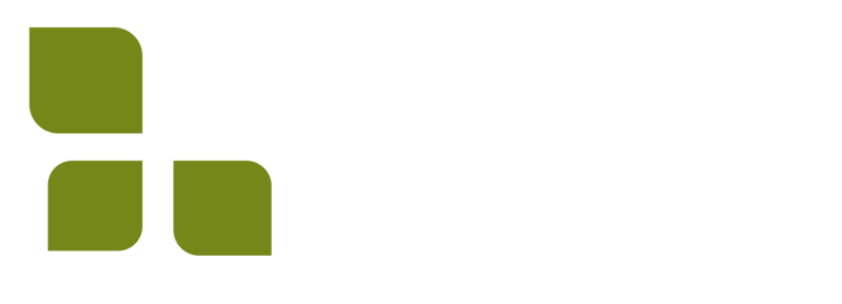 Four green leaf shapes and one white square next to text reading "Ravinia Quail Run" on a light background.